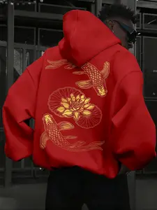 Men's Lotus & Koi Pattern Fleece-Lined Hoodie, Sweatshirts, Casual Long Sleeve Pullover, Fall & Winter Essential, Must-Have Wardrobe Item