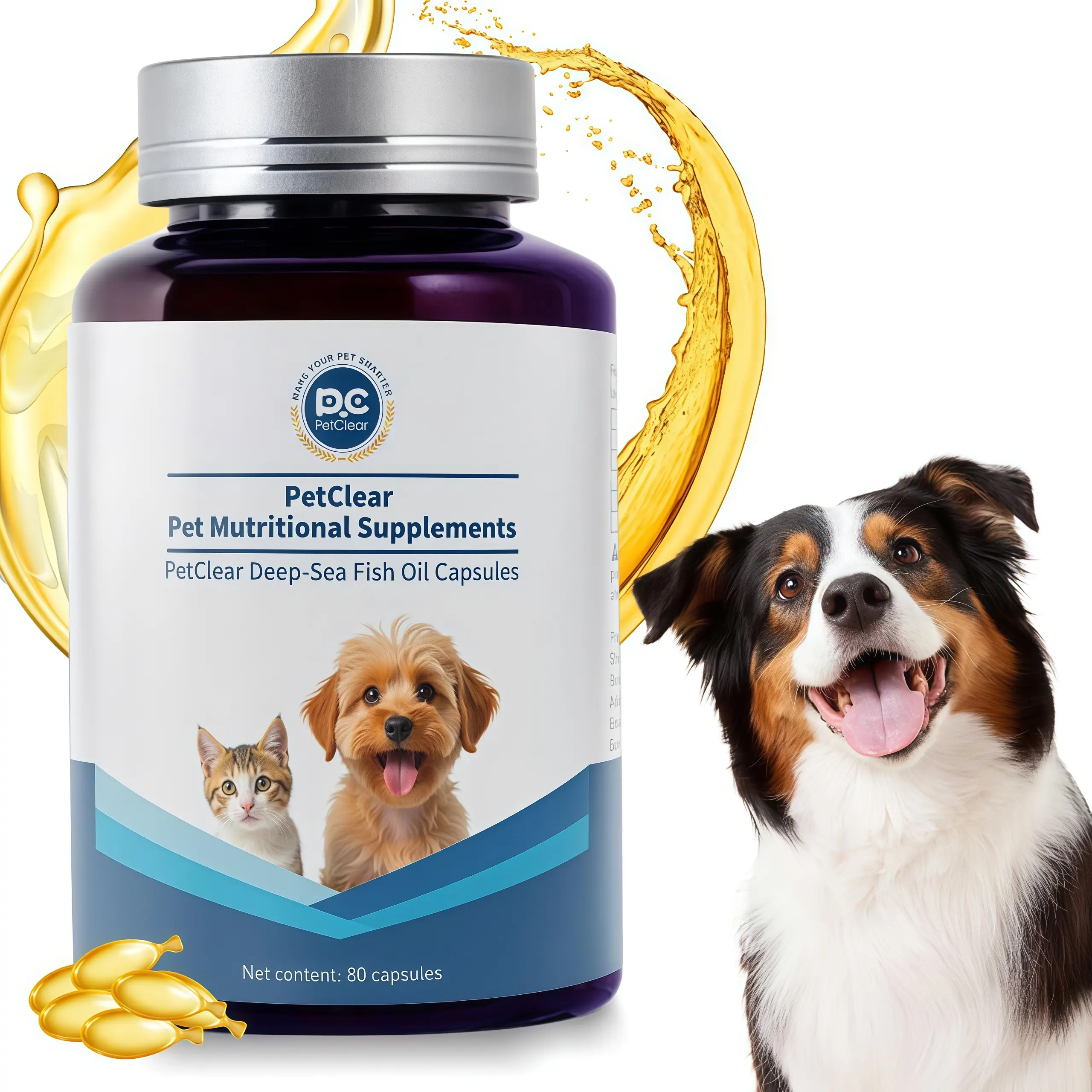 PetClear Omega-3 Fish Oil Capsules for Dogs & Cats, EPA DHA Pet Supplement for Skin, Coat & Joint Support, No Artificial Flavors, 80 Count