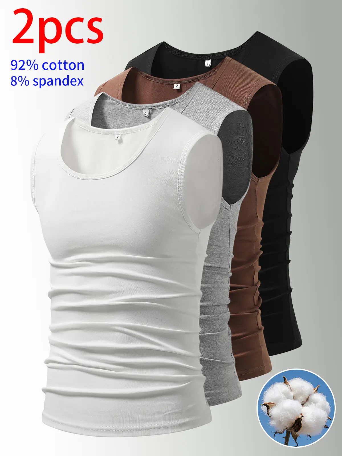 2-pack men’s tank tops: cotton and spandex tank tops with a crew neck and sleeveless design; stretchy, breathable, minimalist solid colors that are easy to match. Men’s underwear suitable for all seasons—ideal for everyday wear at home, casual commuting,