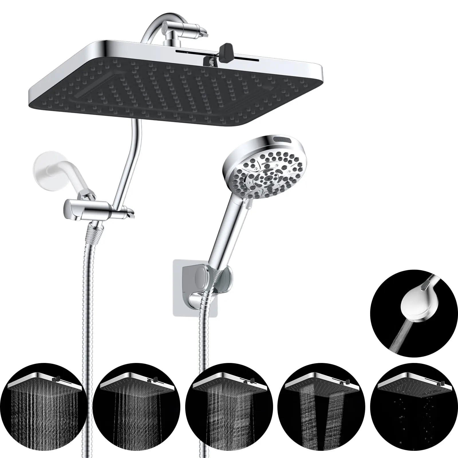 Hibbent cUPC Certified 13'' High-Pressure Dual Shower Heads Combo with 10-Mode Length-Adjustable Dual-Head Handheld, 5-Spray Upgraded Rainfall, 12'' Extension Arm, 71'' Hose, Chrome Handheld Holder, Dual-Head Handheld Showers,home essentials