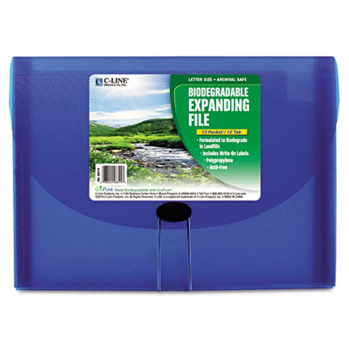 C-Line 48315 13-Pocket Ecological Expanding File, Letter Size, 13 in, 12 Tabs, Biodegradable, with Elastic String, Blue