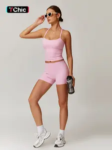 Women's Solid Backless Crop Cami Top & Shorts Set, Sporty Sleeveless Top & Skinny Shorts, Ladies Sportswear for Indoor and Outdoor Wear, Stretchable Activewear