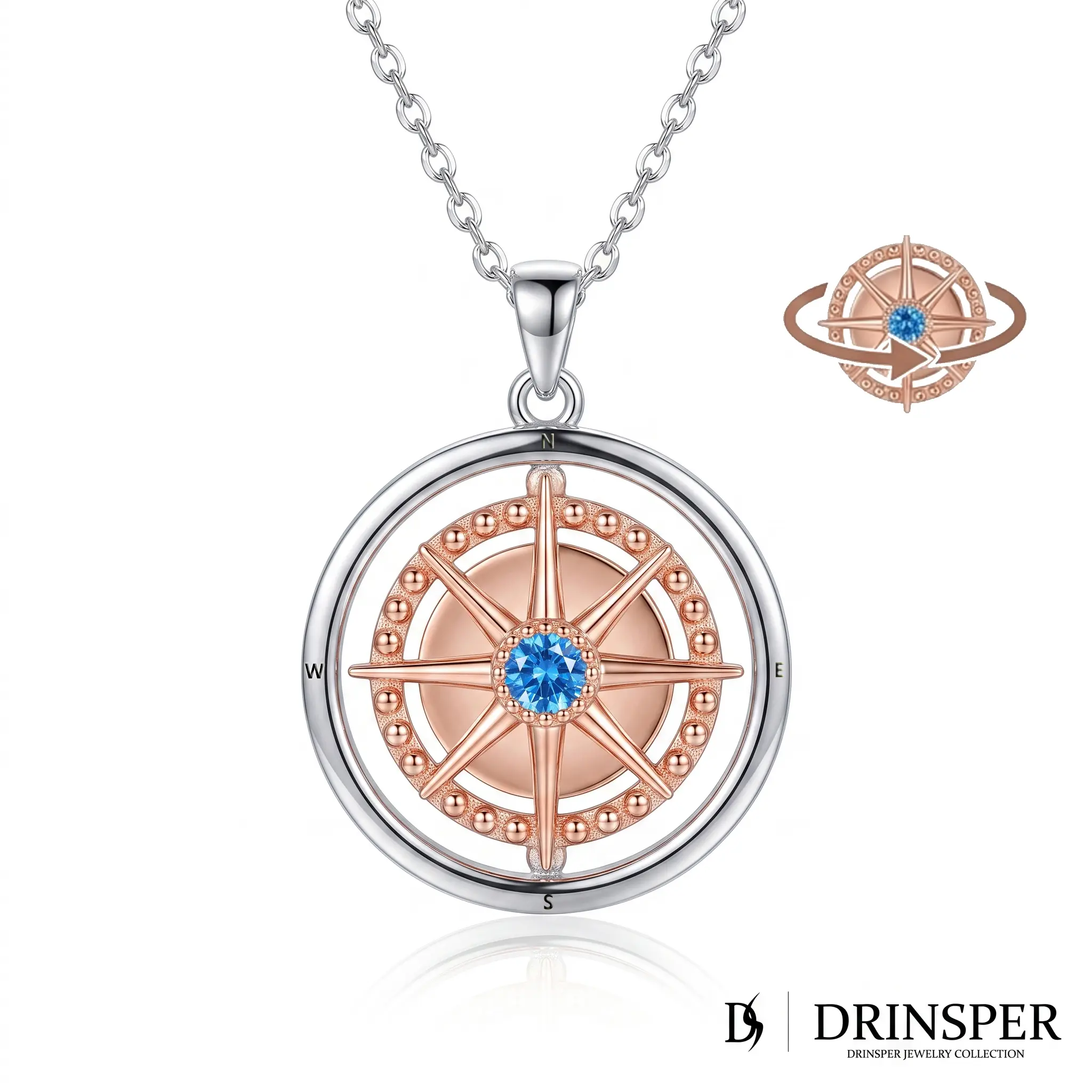 DRINSPER Compass Birthstone Necklace for Women Men, Rotatable Compass Pendant Jewelry Gift for Graduation Travel Adventure, Copper Compass Rose Necklace with 12 Birthstone Crystal Options,Meaningful Guidance Jewelry for Birthday Gift