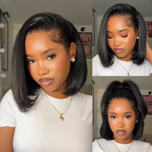 Recool Hair Ready To Go 3 In 1 Half Wig Kinky Straight Bob Wig/Yaki Body Human Hair Wig With Drawstring Minimal/No Leave Out Upgrade Wigs for Black Women No Sew in No Glue Glueless Clip In Half Wig#Summervibes