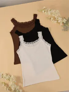 Women's Sexy Plain Tank Top, High Elasticity Lace Shoulder Strap, Comfortable Daily Wear, Slim Fit, All Seasons