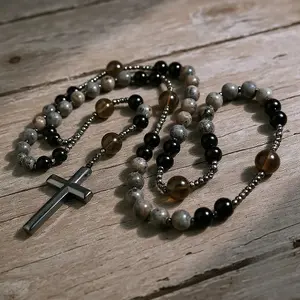 Natural Obsidian Yooperlite Rosary Necklace UV Reactive Protection Necklace Hematite Stone Cross Pendant Necklace Gift for her, gift for him Beaded Necklace