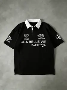 "LA BELLE VIE" French Retro Racing Style Polo Shirt - Black, Vintage Vibe  French Slogan + Racing Plaid, Breathable Fabric, Loose Fit. A Must-Have for Blokecore Vintage Racing Enthusiasts. # Beautiful Life Racing Polo #Blokecore