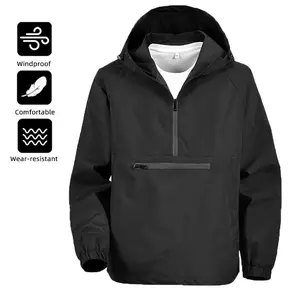 Men’s solid-color outdoor sports jacket, half-zip casual hooded windbreaker with large pockets, windproof and waterproof long-sleeve top, suitable for spring and autumn wear