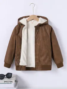 Boys' Hooded PU Leather Jacket with Side Pockets, Thick Fleece Lined, Thick Heavy Coats, Fall & Winter Outerwear, Casual Trendy Coat for Kids