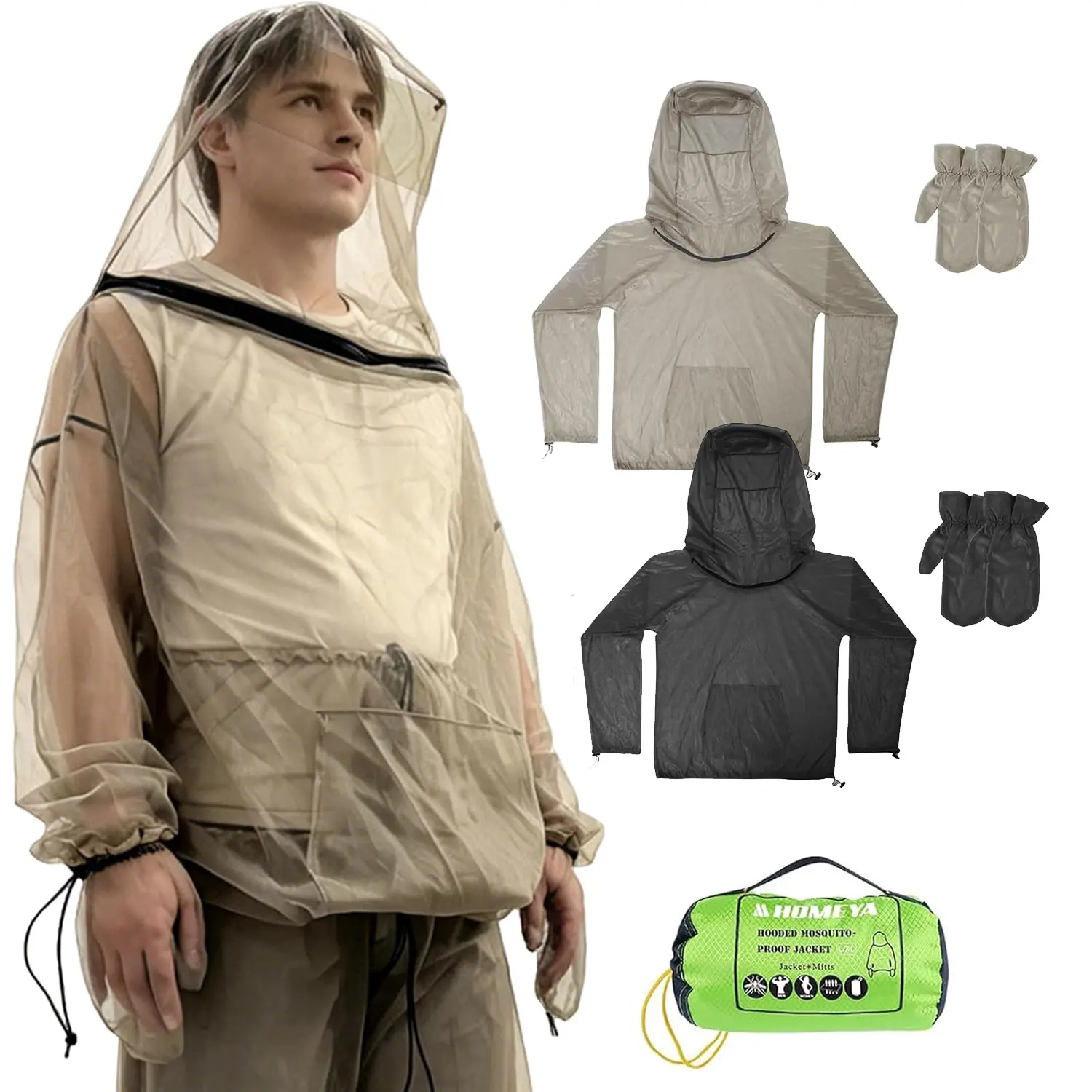 HOMEYA Unisex 2-Piece Mosquito Jacket & Gloves Set, Zippered Hood, Thick Breathable Mesh, Adjustable Fit, Upper Body Protection, Lightweight Outdoor Gear for Camping Users, Gardening
