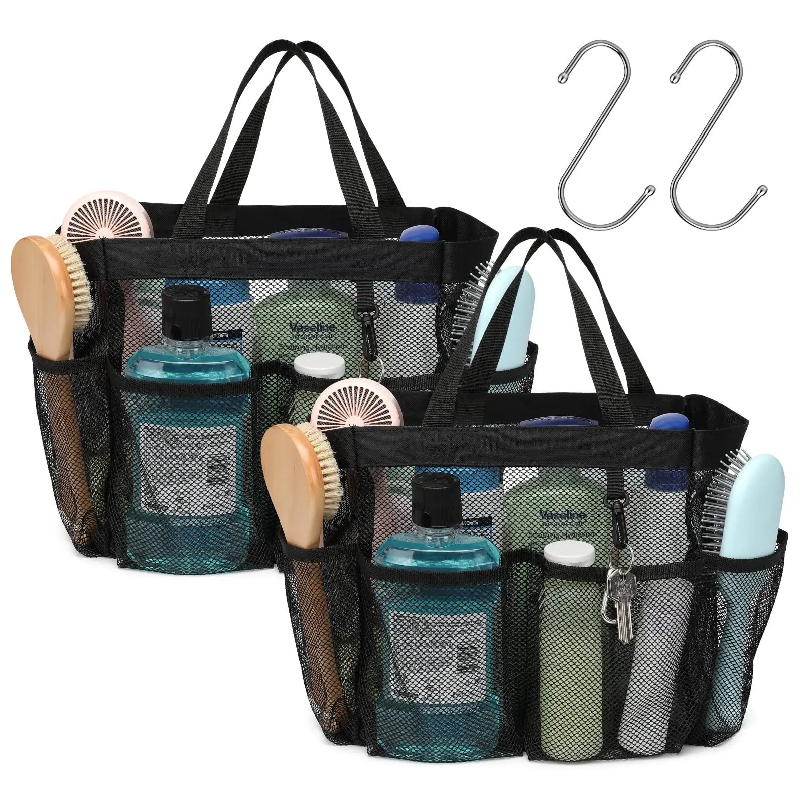 Portable Mesh Shower Caddy, Hangable Bathroom Tote for College Dorm, Gym, Camp - 2 Pcs Black Shower Basket Organizer for Toiletries, Shampoo, Body Wash, Soap, Toothbrush Cleaning Supplies