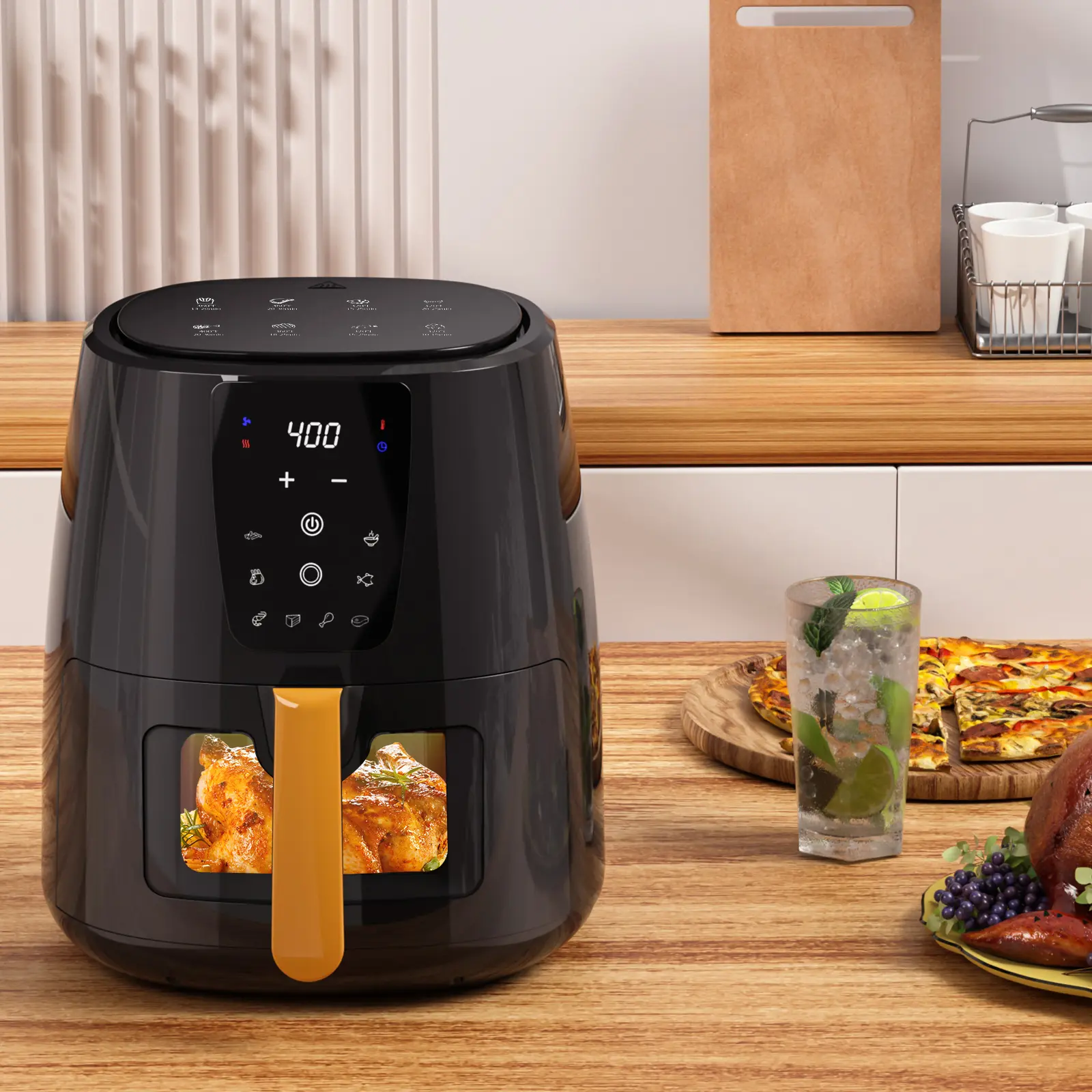 5.8 QT Large Digital Air Fryer with Window, PFAS-Free Nonstick Basket & Crisper Plate, OLED Touchscreen, 400F Temp, Customizable Settings, Automatic Heat Protection for Kitchen Use (Black), Nonstick Crisper Plate