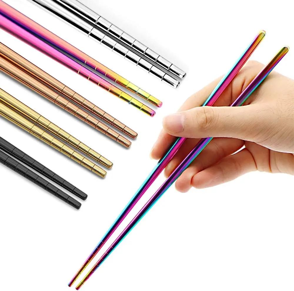 5 Pairs Metal Chopsticks, Reusable Stainless Steel, 13 Rings Pattern Non-slip Dishwasher Safe Chop Sticks, Square Lightweight, 8.9 Inches