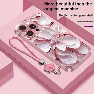 Luxury Camellia Pink Metallic Finish Glass Shell Smartphone Casing - Protective Tech Accessory with Protection for iPhone 12,13,14,15,16,17 & 11 Plus Pro Max, Accessories