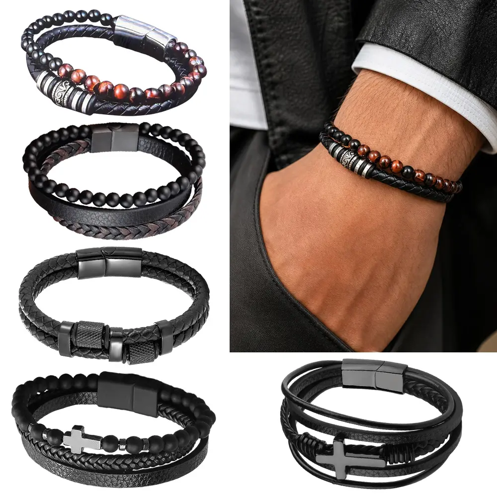 Black Leather Bracelets for Men Women 5pcs Mens Bracelet Leather and Steel Braided Cuff Bracelets