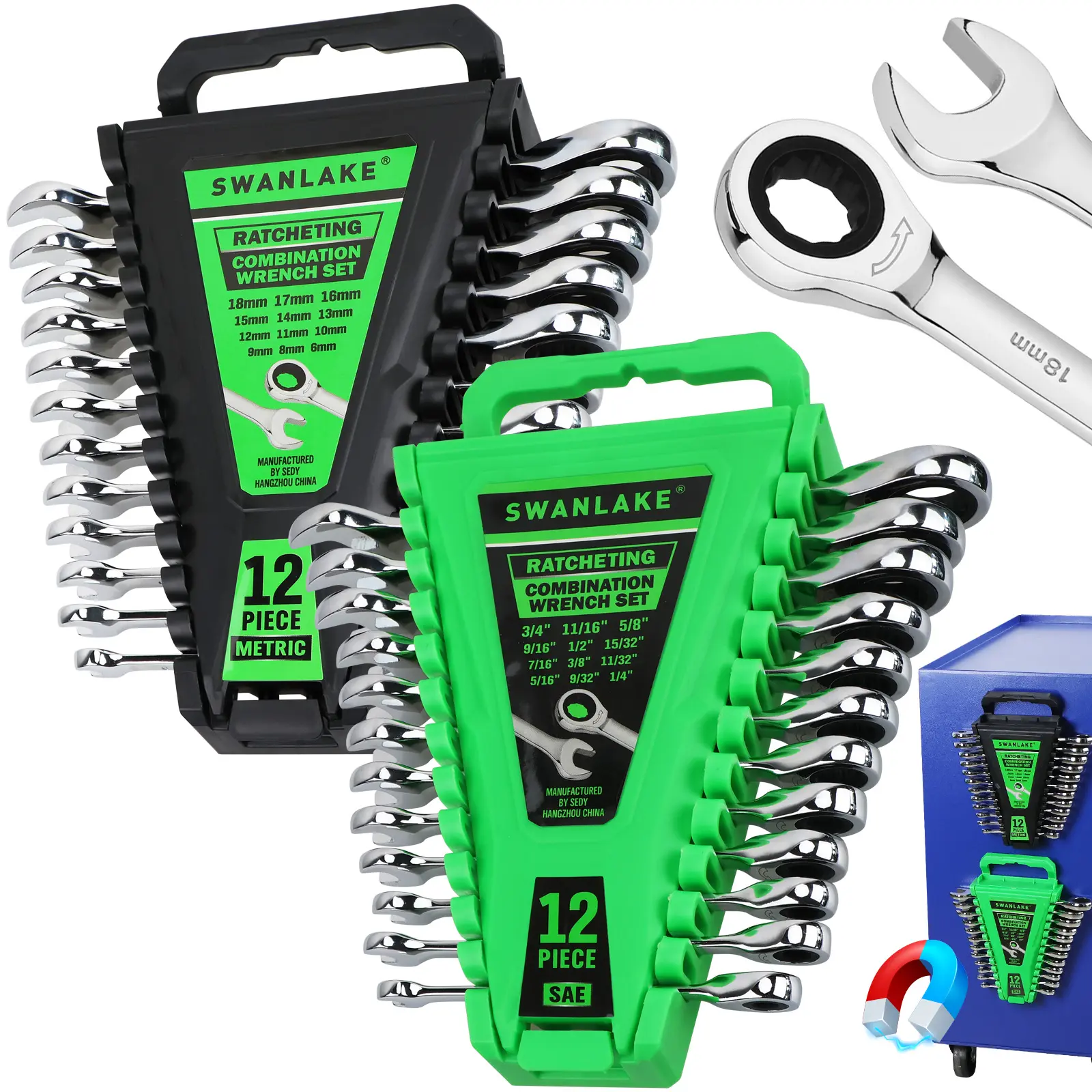 24-Piece Combination Ratchet Wrench Set, Metric (6-18mm) & SAE (1/4''-3/4'') Wrenches Set, 12-Point 72-Tooth Ratchet Spanners with Magnetic Base Organizer, Chrome Vanadium Steel for Auto Mechanic Tool,father'sdaygifts
