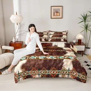 Cowhide Quilt Brown Highland Cow Print Comforter Set,Western Bedding Sets,Exotic Aztec Duvet Insert,Farmhouse Wild Animals Gifts for Men