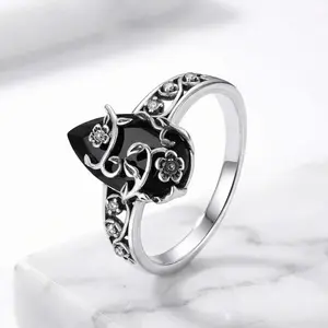 925 Sterling Silver Synthetic Obsidian Ring with Vintage Flower Design, Elegant Black Lab Grown Diamond Ring Jewelry for Women, Energy Crystal Ring Perfect for Daily Wear and Birthday Party, Mother's day Gift, with Gift Box
