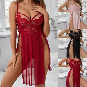 Lingerie for Women Lace Strap Chemise Nightgown V Neck Sleepwear Mesh Side Slit Nighty
