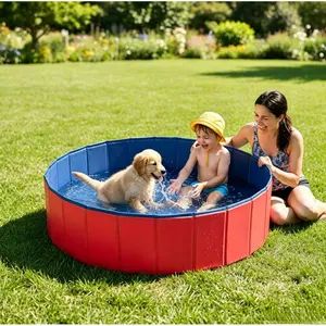 Foldable Dog Water Pool with Drain Hole, Quick Cool Summer Play Mat, Durable PVC Pet Bath Tub, Outdoor Portable Backyard Kids Splash Pad
