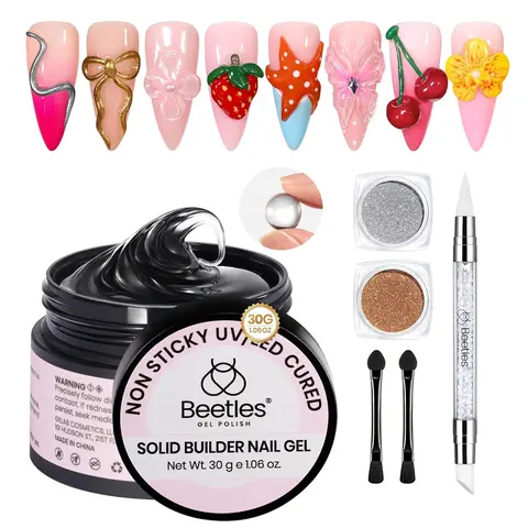 Beetles Flawless Finish Silicone Solid Builder Gel (30g) - Non-Sticky Nail Supplies for DIY Enthusiasts, Easy Shaping, Long-Lasting Hold, 3D Acrylic Gel Nail Art Accessories with Chrome Powder, Dual-Ended Sculpture Pen, Strip Packaging (Warm Before Use)