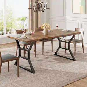71 Inch Dining Table for 6 to 8 People, Farmhouse Wood Dining Table with Metal Legs, Large Rectangular Kitchen Table, Industrial Dinner Table for Kitchen, Dining Room, Not Including Chairs