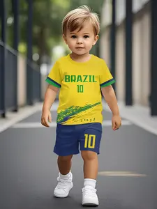 Brazilian Football Fan Fashion, Number 10 Set for Kids, Tee Shorts Set, Sports Clothing Set, Casual All-Over Print Design, Perfect for Sports Enthusiasts