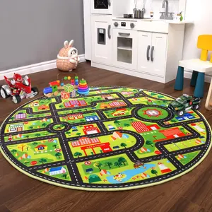 GARVEE 4ft Round Playroom Carpet Featuring a City Life Road Map Design, Perfect for Car Track Toys and Bedroom Play Areas, Measuring 4x4 Feet