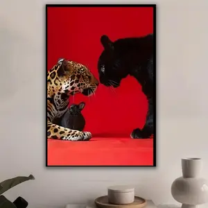 1pc  Unframed Leopard Print Canvas Wall Art - Modern Black & White Animal Portrait with Red Background, Perfect for Living Room, Dining Room, or Office Decor, Leopard Decor