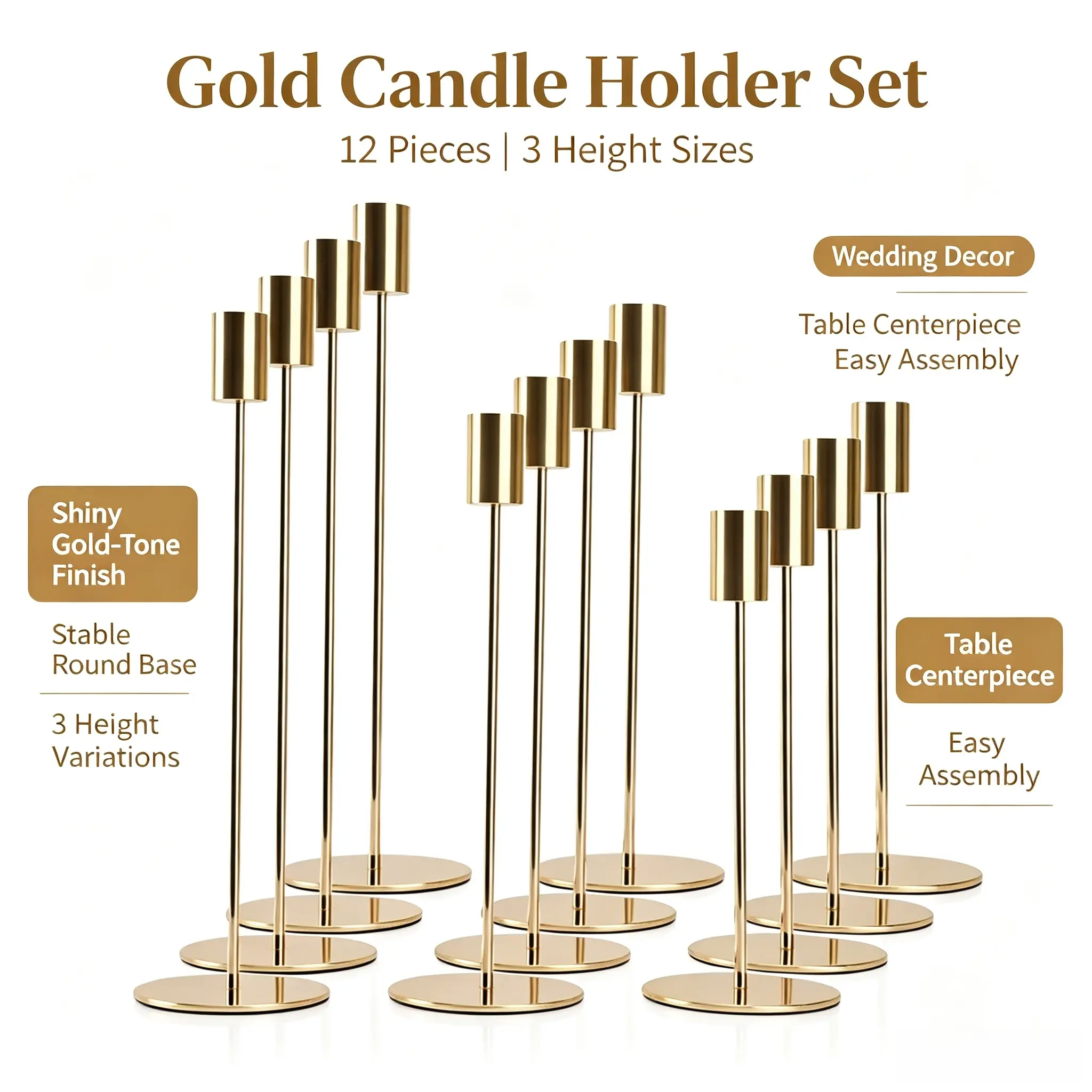 Polished Gold Tabletop Candlestick Holders - 6/12 Pack Minimalist Home Accessories, Casual Art Deco Decor for Wedding, Home Tabletop Use, Decorative