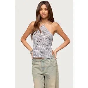 Thaly Backless Sequin Crochet Halter Top