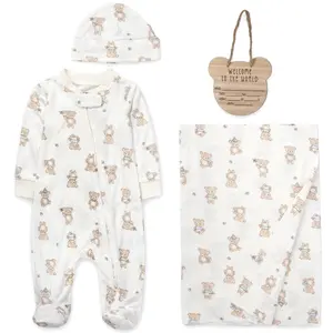 Baby Essentials Newborn Baby Bamboo 4 Piece Coming Home Outfit Gift Set – Footie Sleeper, Blanket, Headband & Ornament for Boys & Girls Cozy