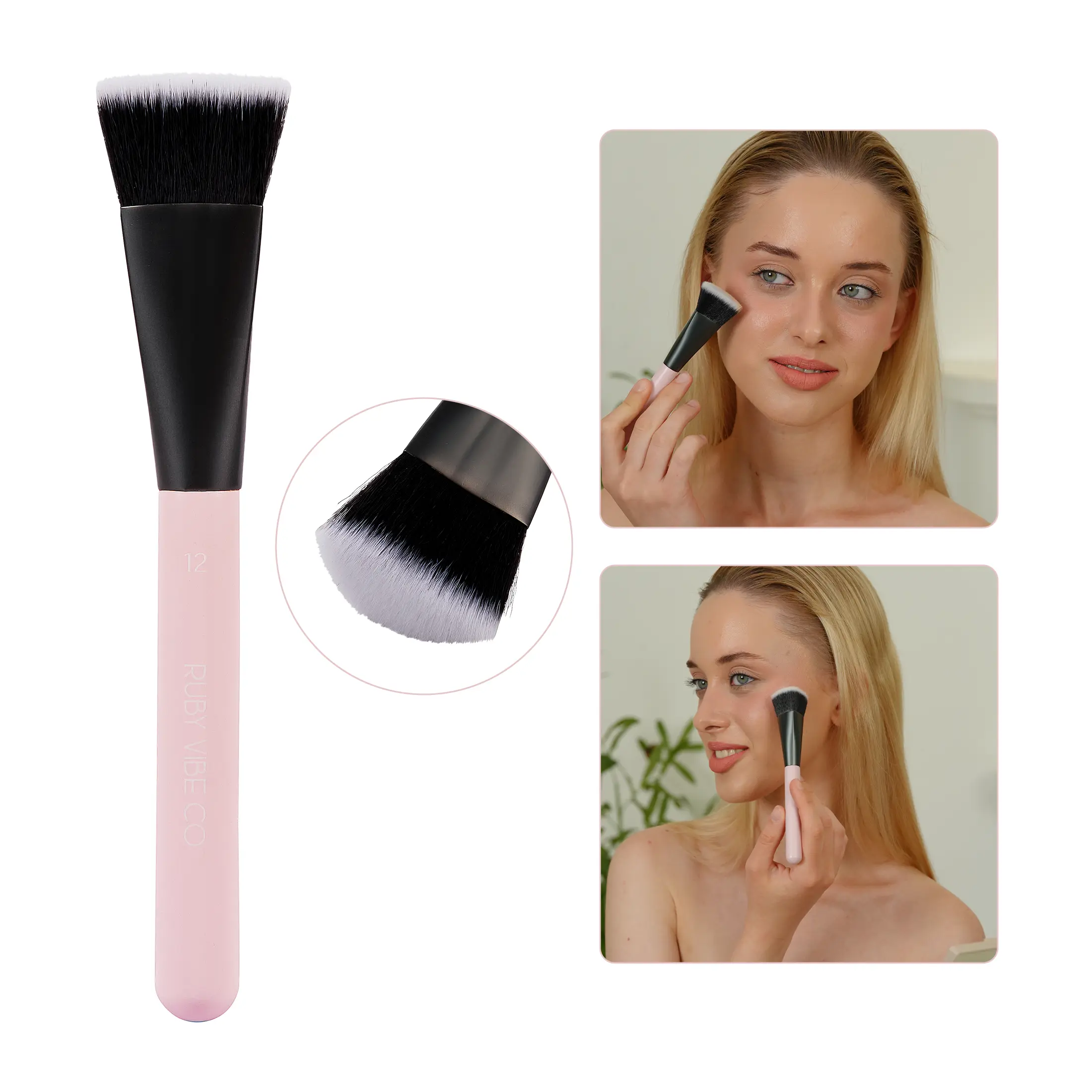 [RUBY VIBE CO] GlowUp Sculpting Highlighter Brush 019, Triangle Angle, Multi-use Brush, Contour, Highlight, Bronzing, Blush, Synthetic Hair, Vegan & Cruelty-Free, Matte Pink Wood Handle