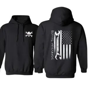 Diesel Mechanic American Flag Hoodie – Wrench Tool Graphic for Blue Collar Workers – Warm Winter Hoodie for Men and Women