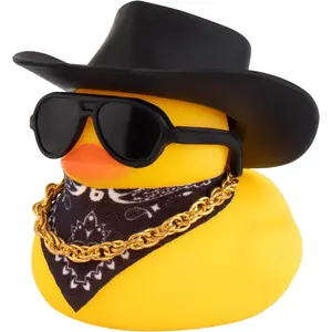 Dashboard Decoration Cowboy Hat Rubber Duck,  Ducks Ornaments with Mini Colorful Hat Necklace Sunglasses Scarf (Black)