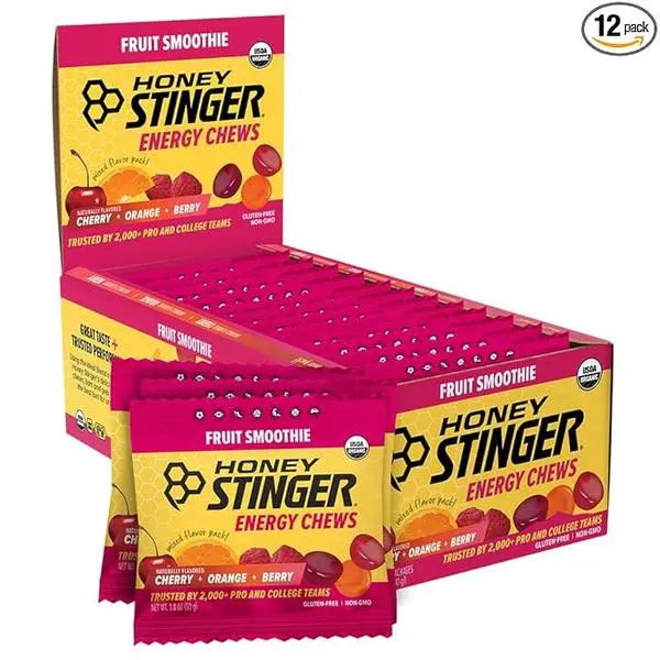 Honey Stinger Organic Fruit Smoothie Energy Chew, 12-Pack (21.6 oz) - Gluten-Free, Caffeine-Free Sports Nutrition for Pre-Mid Workout Exercise, Home & Gym Use, Yes