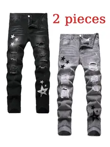 2-Pack Men's Slim Straight Jeans Casual Streetwear Classic Denim Men's Fashion Button Closed Mid Waist Trousers Embroidery Design All Seasons Menswear