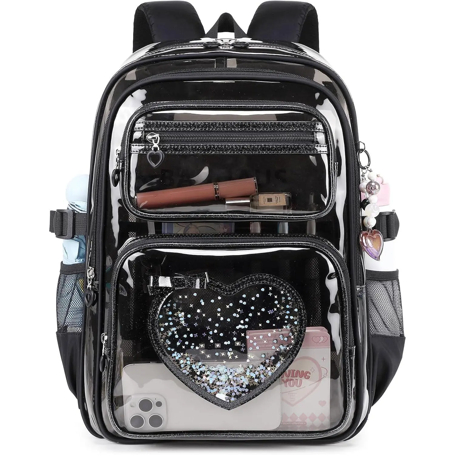 Clear Backpack for School Girls, Cute Heavy Duty PVC Transparent Bookbag, See-Through Bag for Stadium Event Semi-Black