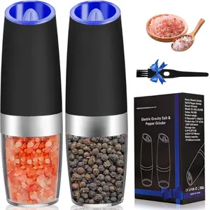 Gravity Electric Salt and Pepper Grinder Set,Automatic Operation Electric Salt and Pepper Shakers Set，Battery Powered Adjustable Coarseness Pepper Mill Grinder LED Light, Black (2PACK)
