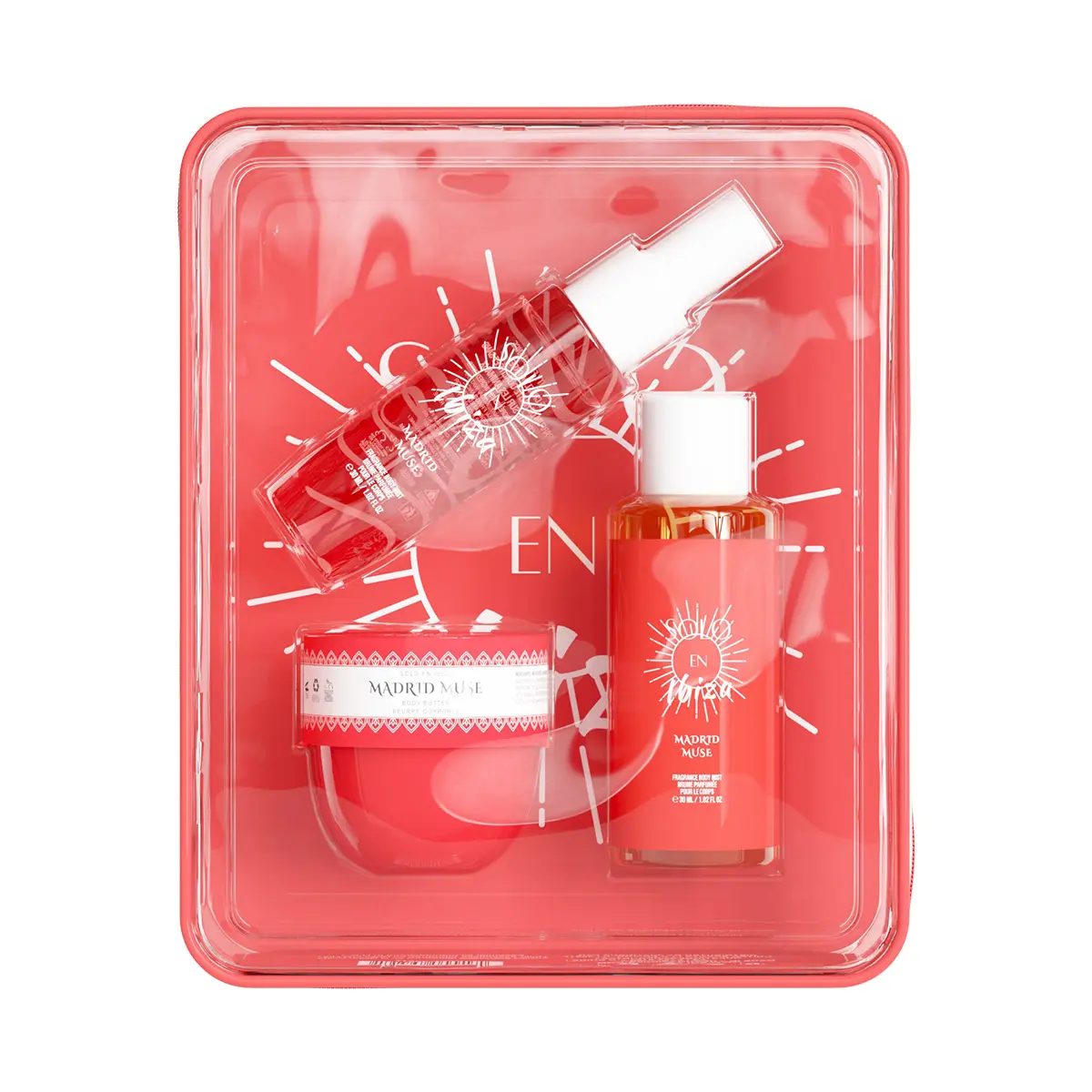 SOLO EN IBIZA Madrid Muse Luxury 3-Piece Body Care Self Care Kit - Smoothing Cream, Lightweight Mist, Bubble Bath - Plum Fruit, Orchid, Jasmine, Vanilla Musk Scent - Cruelty-Free, Vegan, Moisturizing, Hydrating, Silky - Evening Use, Gift-Worthy with Pouch