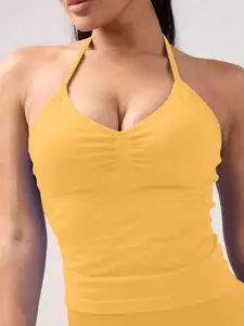 Yellow V-Neck Halter Workout Top, Removable Padded, Seamless Quick Dry Yoga Cami, Breathable & Stylish