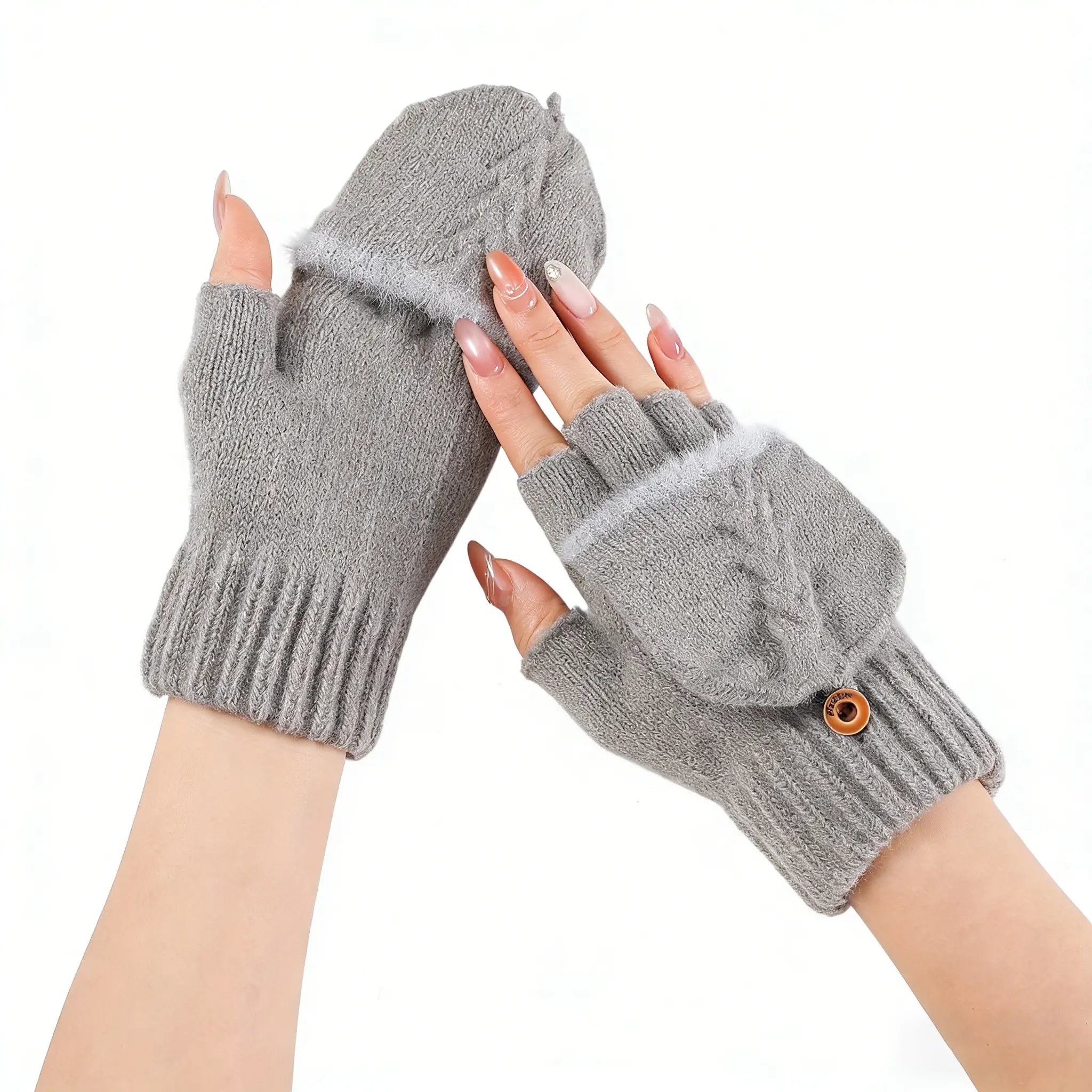 A pair of women's autumn/winter cable knit flip-up plush gloves, stylish, unique, warm, versatile, and cold-proof with fingerless arm sleeves.