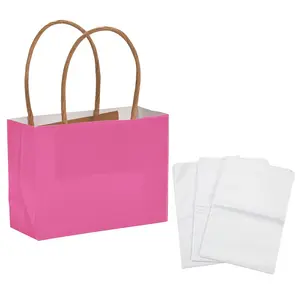 4 1/2" x 3 1/4" Mini Hot Pink Kraft Paper Gift Bags & Tissue Paper Kit for 12