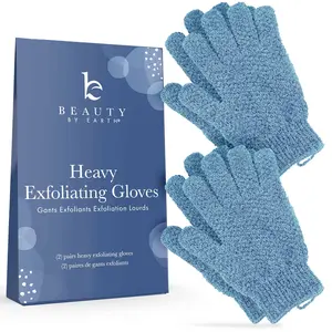 [BEAUTY BY EARTH] Heavy Exfoliating Gloves for Deep Body Scrubbing & Exfoliation - 2 Pairs of Lustrous, Durable Gloves for Shower and Bath Before Tanning