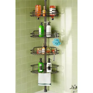 Corner Shower Rack Rod: 4-Tier Rust-Proof Adjustable Bathroom Storage Rack - 47- 121inch No-Drill Quick Installation - Space-Saving Storage Rack for Renters and Families - Bronze Color