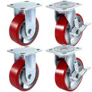 4 Pack 6 X 2 Inch Caster Wheels With 2 Rigid And 2 Swivel Casters, Side Brakes, Polyurethane Wheels, Iron Core Plate, Heavy Duty Wheel Set For Carts, Dollies, Tool Boxes, Furniture, 1000 LBS Capacity Per Wheel