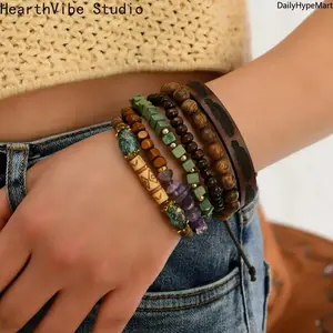 HearthVibe Studio 6Pcs Wooden Bead Leather Bracelet Set Unisex Daily Wear Stackable Bracelets for Everyday Style