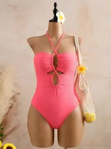 Pure Color One-Piece Swimsuit, Summer Vacation Wear, Backless Design, Comfortable Swimwear, Perfect for Beach and Pool, Ruched Backless Swimsuit, Backless Monokini Swimsuit