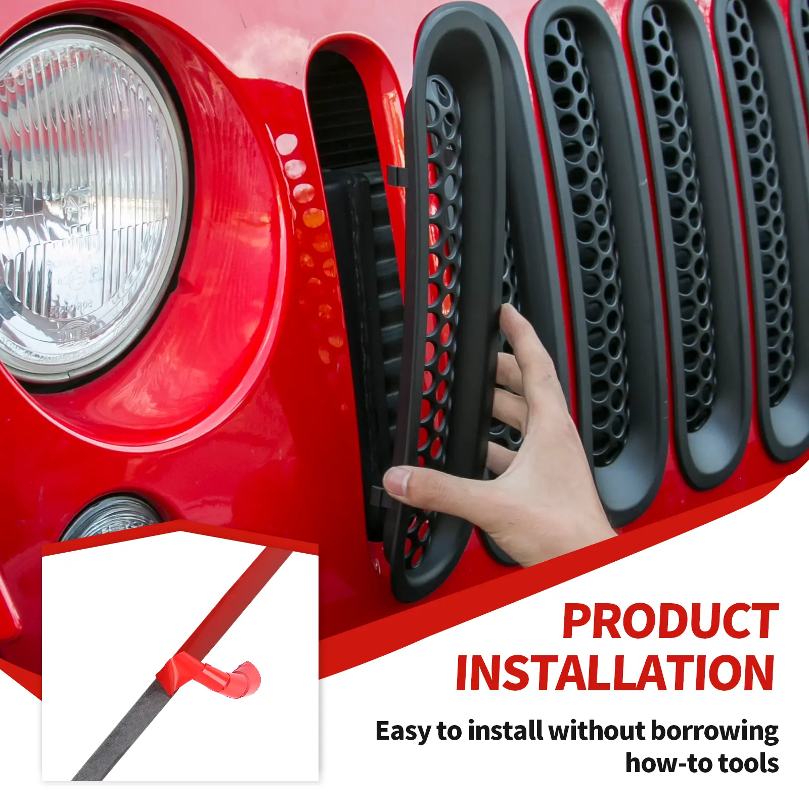 7-Item Clip-in Front Grille Mesh Inserts Trim Decor Set for 2007-2018 Jeep Wrangler JK/JKU, High-Quality ABS Material, UV-Resistant, 3-Layer Gloss Coat, Super-Strong Adhesive, Easy DIY Installation, Left-Fit Car Vehicle Decoration Automotive Accessory