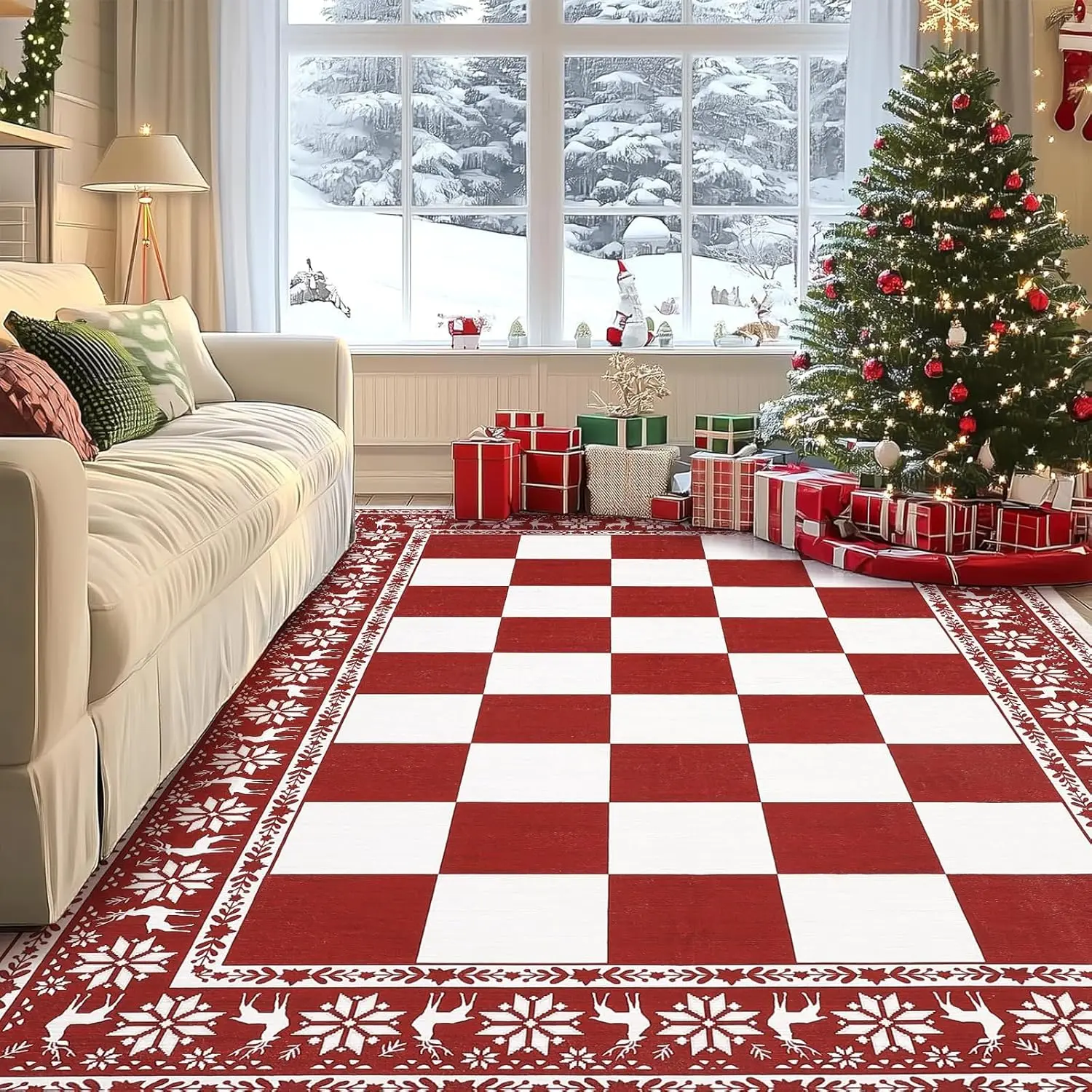 【Christmas Gift】Area Rugs 9x12 Living Room, Checkered Christmas Rugs for Holiday Decor, Non Slip Low Pile Washable Rug for Home, Red